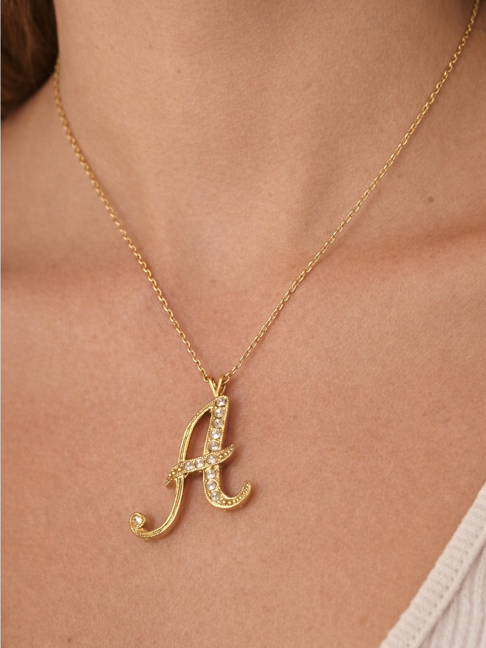 Gold Rhinestone Script A Initial Pendant Necklace
